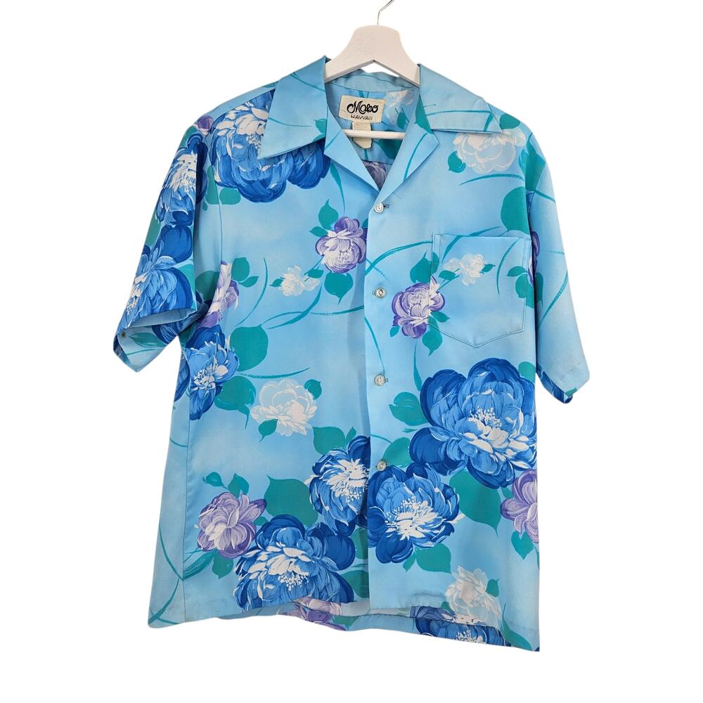VTG Mako 70s Mens Button Down Shirt Top Blue Floral Hawaiian Short Sleeve Size M